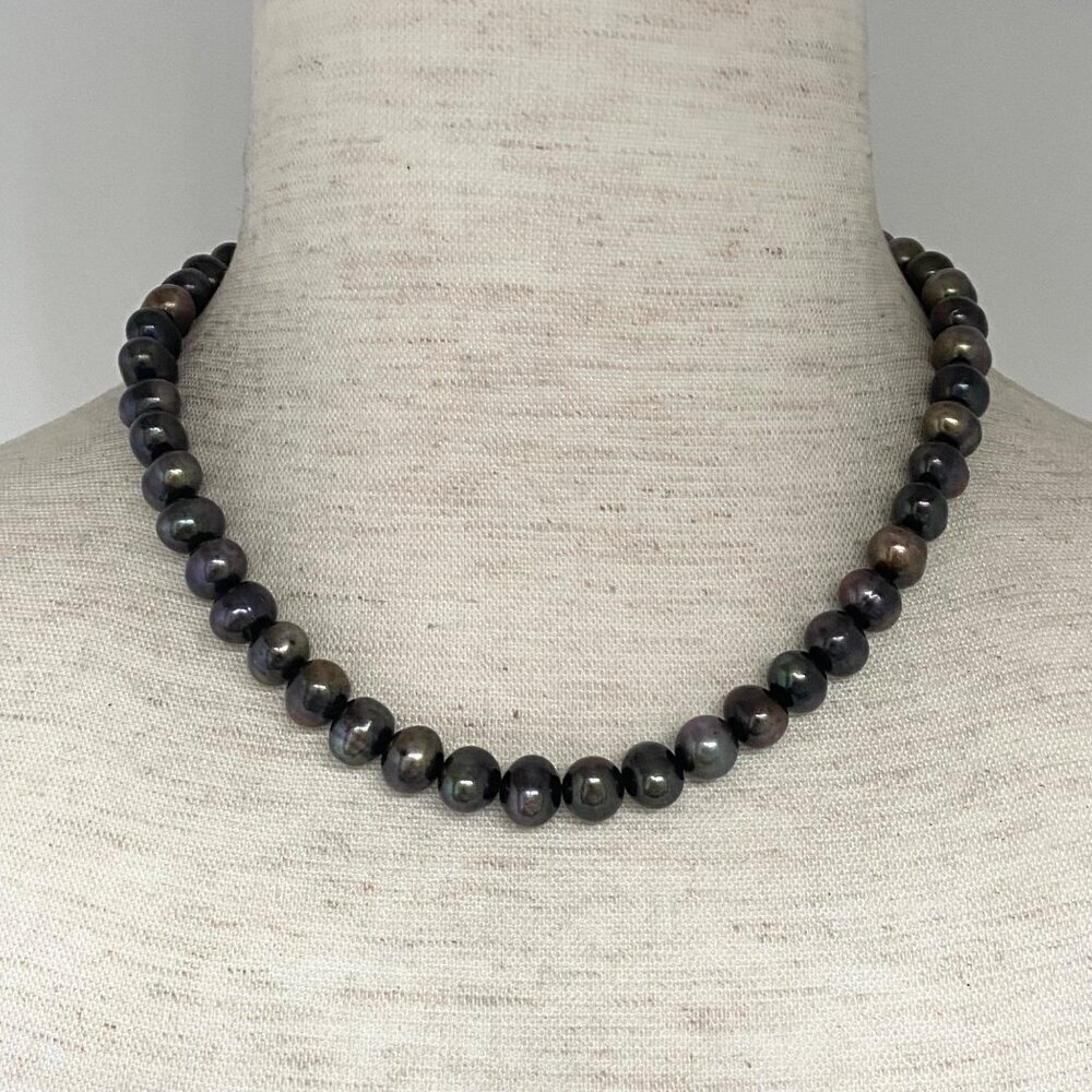 Sterling Silver 925 9MM Dark Peacock Pearl Necklace Rose Box Style Clasp 16"